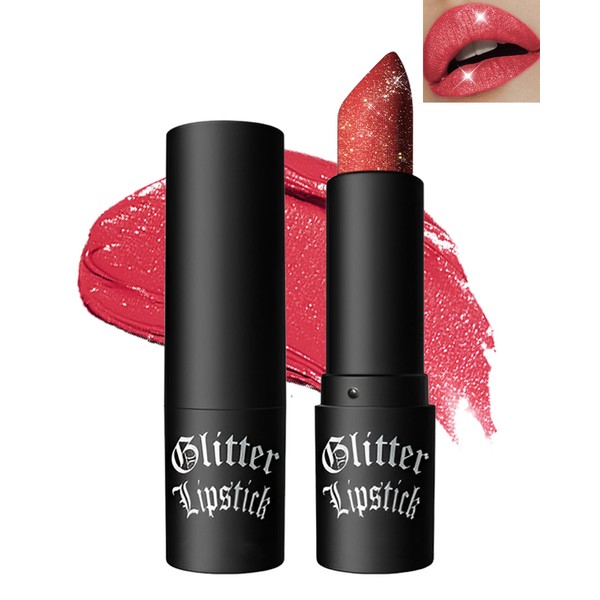 LYSdefeu Diamond Glitter Matte Lipstick,Ruby Red Metallic Shimmer Lip Gloss