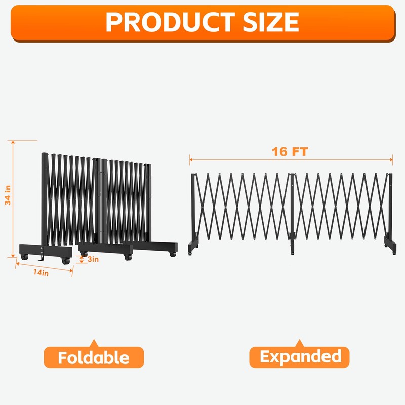 16 FT Industrial Metal Expandable Barricade，Retractable Traffic Fence with Casters,