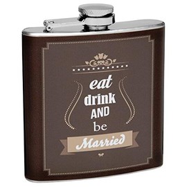 Hip Flask Gift Set with Refill Funnel and 2 Stainless Steel Shot Glasses - Eat Drink and Be Married Design - Brown Wrapped Vinyl Finish - 6 oz Flask - Gift Box Included