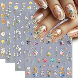 4Pcs Flower Nail Art Stickers Decals 5D Embossed Daisy Nail Stickers for Nail Art Summer Floral Daisy Nail Decals Self-Adhesive Relief Design for Women Girls Daily Manicure DIY Nail Supplies