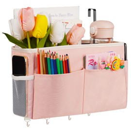 Frjjthchy Bedside Storage Organizer 5 Pockets with 4 Hooks Hanging Storage Bag for Headboards/Bunk Bed (Pink)