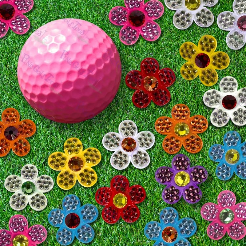 Bonjoc Golfballmarker Blume mit Kristallen mit magnetischem Hatclip (weiß/blau)