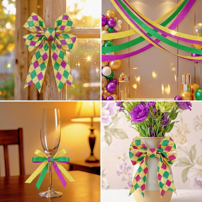 6 Rolls Mardi Gras Ribbon, 2 Inch x 5 Yards,