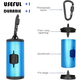 SHAOUMAN 2 Pack Metal Dog Poop Bags Holder Aluminum Poo Bags Dispenser with 30 Black Unscented Pet Waste Bags and 3 Leash Accessories for Dog Walking(2 Holders 30 Bags,Blue)