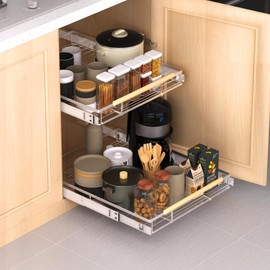 KIKIBRO Expandable Pull Out Drawer Cabinet Organizer, Adjustable Width Bottom-Mounted Slide Out Storage Shelves for Cabinets, Required Cabinet Size (14.86"~25.86", D≥22.5"), 1 Pack