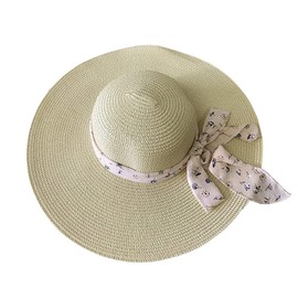 Yingbei Chiffon Streamers Ladies Straw hat Summer Travel Sunscreen Sun hat Beach hat Folding hat (Khaki)