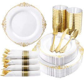 Nervure 350PCS Gold Plastic Plates - Gold Plastic Dinnerware Sets for 50 Guests - 100 Disposable Plates, 150 Silverware, 50 Cups, 50 Napkins for Wedding & Party & Thanksgiving