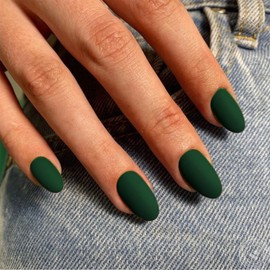 Matte Dark Green Press on Nails Short Oval Acrylic Nails Press on, Solid Color Medium Short Oval Fake Nails for Women Reusable Thick Round Nails Glue on, Medium Almond Nails Soft Gel False Nails 24Pcs