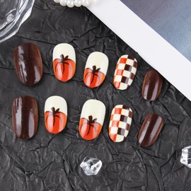 MERVF Round Press on Nails Medium Brown, Pumpkin French Tip Oval Fake Fall Glue ons Nails with Checkered Design 24pcs Glossy Acrylic Nail Thanksgiving