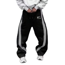 QJQ Men's Wide Leg Baggy Sweatpants Vintage Y2K Striped Track Pants with Pockets Casual Streetwear Black X-Large