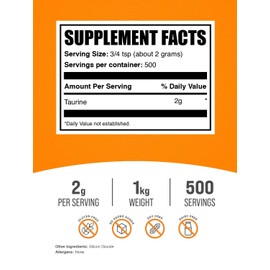 BulkSupplements.com Taurine Powder - Taurine Supplement, Amino Acid Supplement for Energy - Unflavored & Gluten Free, 2g per Serving, 1kg (2.2 lbs) (Pack of 1)