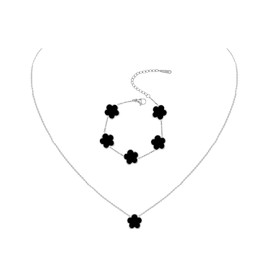 JIEMUCHU Gold Plated Stainless Steel Flower Bracelet and Necklace Jewelry Set for Women (Black-White Gold Plated)