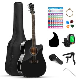 Moukey 41" Acoustic Guitar for Beginners Adult Teen Full Size Guitarra Acustica with Chord Poster, Gig Bag, Tuner,Steel Strings, Capo, Strap - Black