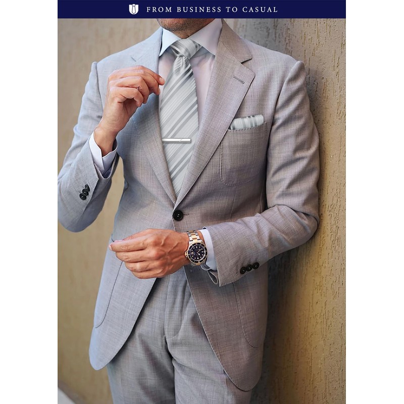 HISDERN HTJ-02S 2024 Men's Wedding Silver Necktie, 4-piece Set, Necktie,