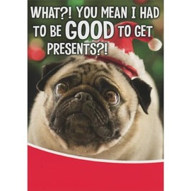 Sellers Publishing RSVP Pug with Sad Face: Had to Be Good to Get Presents Humorous/Funny Dog Christmas Card