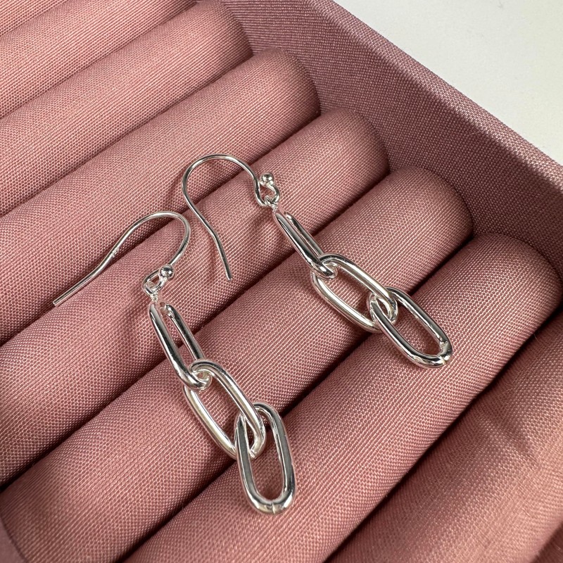 Sterling Silver Triple Link Chain Hook Drop Earrings