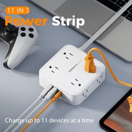 Flat Extension Cord, TESSAN Surge Protector Power Strip 5 FT with 8 Outlets 3 USB (1 USB C) Ports, 3-Sided Outlet Extender with Surge Protection for Office Supplies, Dorm Room Essentials, White