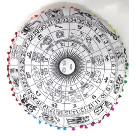 Round Mandala Floor Pillow Cover Seating Cushion Throw Cover Hippie Decorative Bohemian Ottoman Pouf Cover, Pom Pom Pillow Cases,Boho Indian Black and White, 32" Round