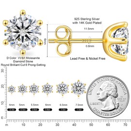 KRKC Moissanite Earrings, Diamond Stud Earrings For Women Men, 14K Gold Earrings, D Color VVS1 Lab Created Diamond 925 Sterling Silver Solitaire Earrings,Gifts For Mom Wife Girls, 3Carats