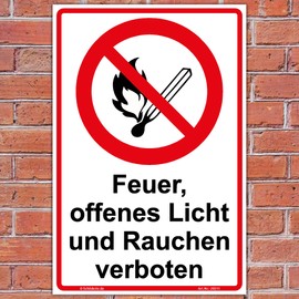 Sign "Feuer, offenes Licht und Rauchchen verboten" Sign 300 x 200 mm Portrait Format Sturdy Aluminium Composite Panel 3 mm Thick