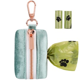 ARING PET Dog Waste Bag Dispenser, Velvet Green Doggy Poop Bags Holders Attach to Any Leashes, Portable Washable Pet Waste Pouch Dispenser with Metal Zipper