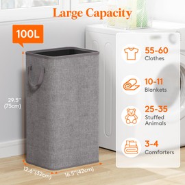 Lifewit 100L Large Tall Laundry Hamper, Collapsible Laundry Basket with Handles, Foldable Clothes Hampers for Laundry, Portable Dirty Clothes Hamper for Dorm College Badrom Bathroom, Light Gray