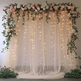 EMHOLDBU Champagne Tulle Backdrop Curtain with Lights String10x8ft Sheer Drapes for Wedding, Birthday, Baby Shower, Bridal Shower, Photo Booth, Party, Home Decor (2 Panels)