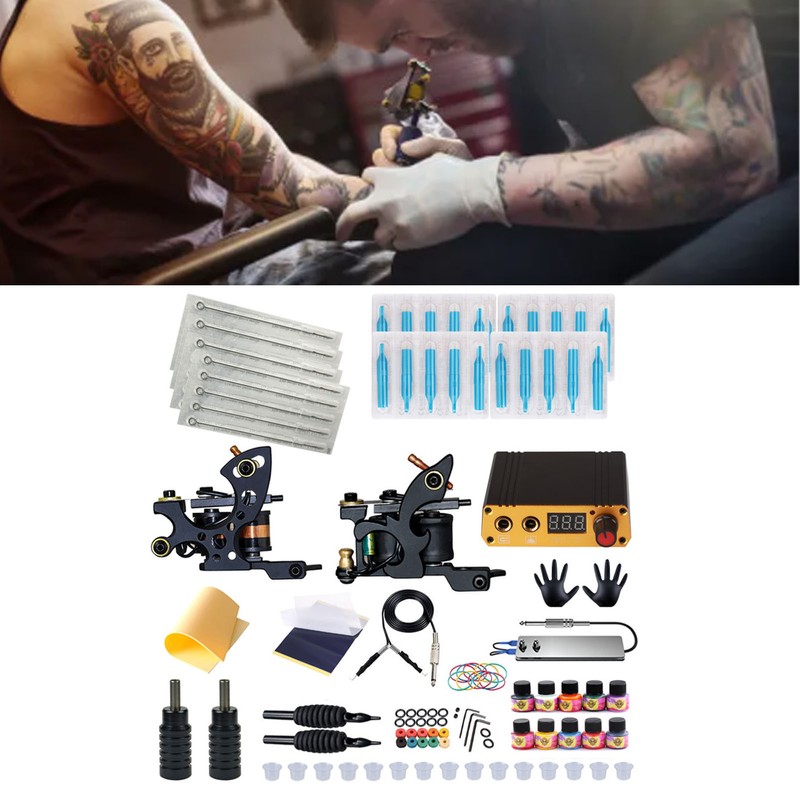 Tattoo Coil Liner Shader Machine 10 Color Inks Power Supplies