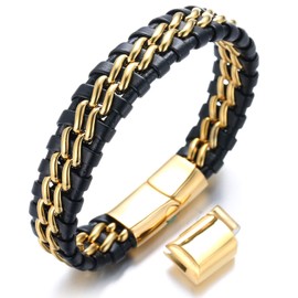 HALUKAKAH ● Solo ● Men's Genuine Leather Titanium Bracelet Black & Silver 8.46"(21.5cm) with FREE Giftbox