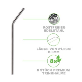 Pentaton Trinkhalme aus Edelstahl, 8 Wiederverwendbare Strohhalme, 3 Reinigungsbürsten, Metallstrohhalme, Länge 21,5cm, Farbe Silber