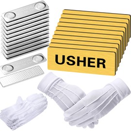 10 Pcs Magnetic Usher Tags with 10 Pairs White Nylon Cotton Gloves Reusable Usher Supplies for Church Acrylic 1 x 3 Inch Usher Badge Name Tag with Magnet for Uniform Church Gatherings (Gold)