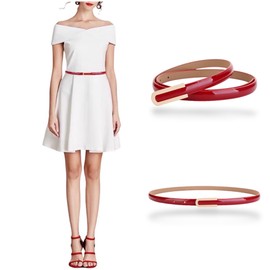 Women's Belt Fashion Elegant Skinny Patent Leather Belts Genuine Leather Waistband Slim Waist Belt Gold Alloy Buckle, Red, For Waist 28"- 34", Women Size S-M, 4-6