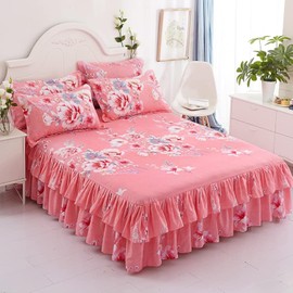 Zhiyuan Peony Hot Pink Two Layers Ruffle Bed Skirt Bedspread Sheet and Pillowcases Set, Full