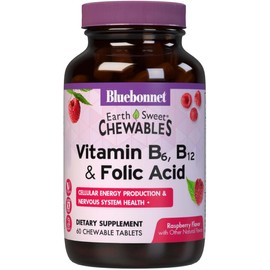 Bluebonnet Nutrition Earth Sweet Vitamin B6, B12, Plus Folic Acid Chewable Tablets, Vegan, Vegetarian, Gluten Free, Soy Free, Milk Free, Kosher, 60 Chewable Tablets, Raspberry Flavor