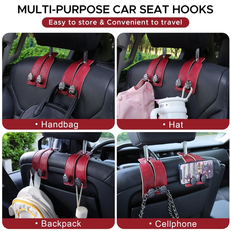 URIZZD 2PCS Leather Car Seat Hooks for Headrest, Vehicle Hanger
