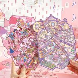 3 Sets DIY 3D Fun Large Size House Scene Stickers with Tweezers Make Your Own Teahouse Amusement Park Magic House Sticker Scenes Cute Animal Micro Stickers for Relief Stress Pass The Time