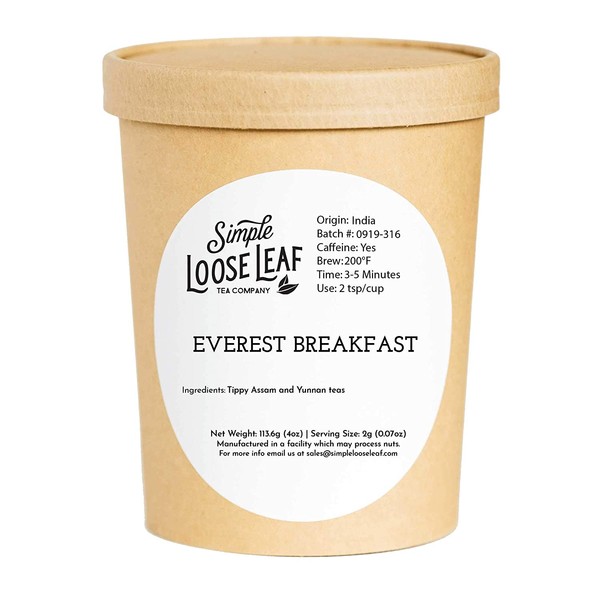 Simple Loose Leaf - Everest Breakfast - Premium Loose Leaf Black Tea (4 oz) - High Caffeine - Bold and Robust - USA Hand Packaged - 60 Cups