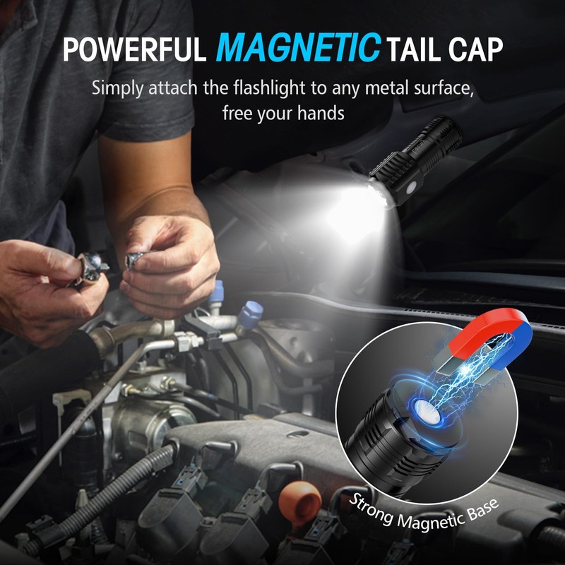 LETMY Rechargeable Mini Flashlights with Magnetic Base, 2 Pack Bright