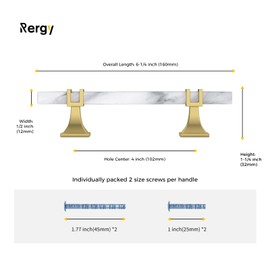 Rergy Cabinet Handles Marble Drawer Pulls and Knobs, 10Pack White Marble & Matte Gold &Square 4inch Hole Center, T-Bar Hardware for Kitchen Dresser Zinc Alloy Furniture