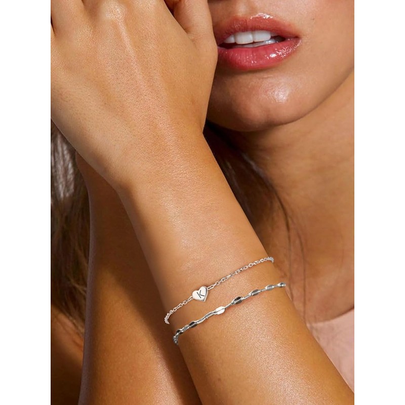 Silvora Silver Initials Bracelets Alphabet Letter B Charm Heart Bracelet