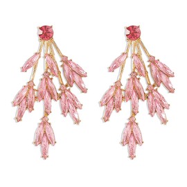 Rhinestone Leaf Statement Earrings Pink/Green/Rose Crystal Flower Earrings Trendy Bell Orchid Dangle Drop Earrings Rhinestone Wedding Prom Anniversary Jewelry for Women (Pink)