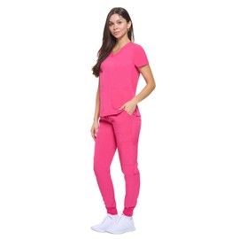 M&M SCRUBS Women's Essential Jogger Scrub Set Nursing Uniform Clearance Cool Stretch Scrub Top and Pant Workwear (Hot Pink, 3X-Large-Petite)