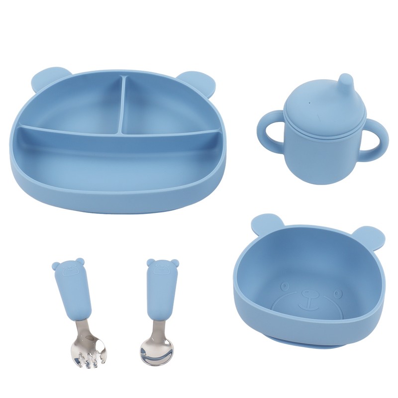 5pcs Baby Feeding Kit Food Grade Silicone Bear Design Plate