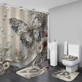 DDQQ 4Pcs Shower Curtain Sets, Gray Butterfly Bathroom Curtains Shower Set, Bathroom Decor Sets, Shower Curtain for Bathroom with Rugs, Toilet Lid Cover, Bath Mat and 12 Hooks, 71 x 71 Inches