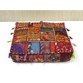 CRAFT KALA Indian Square Patchwork Traditional Pouf Cover Indian Living Room Poufs Decorative Embroidered Designer Ottoman Home Living Footstool Chair Cover Decor Pillow Cover 18x18x5 inches, Brown