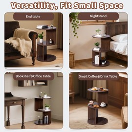 Vrnikhub Wood 2-Tier 360° Rotating Bookshelf, Narrow Corner Bookcase & Accent Table, Floor Standing Storage Rack for Kids Bedroom Living Room, Space Saving