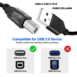 YOTETION Long Slim USB2.0 Printer Cable 25ft, USB A to USB B Cable USB 2.0 Cable High Speed USB Printer USB2.0 A to B Cable Scanner Printer Cord to Computer for HP Canon Brother Dell Epson OD2.8MM