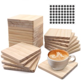 24 PCS Unfinished Square Wood Coasters, SIJDIEE 4 Inch Blank Wooden Coasters for Craft with Non-Slip Foam Pad Stickers for DIY Stained Painting Wood Laser Engraving Home Decoration Supplies