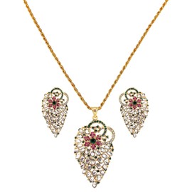 Touchstone Pewter Antique Gold Plated Rich and Classic Indian Kundan Pendant Set for Women, Metal