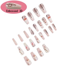 3D Press on Nails Long Medium Length Fake Nails Glossy Full Cover Nude False Nails with designs Acrylic Nails Stick on Nails Flower Stripe Glue on Nails for Women Girls Spring Summer Manicure24pcs